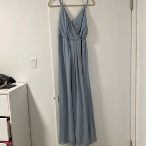 David’s bridal LONG GEORGETTE BRIDESMAID WRAP DRESS. Color is dusty blue. Size 4